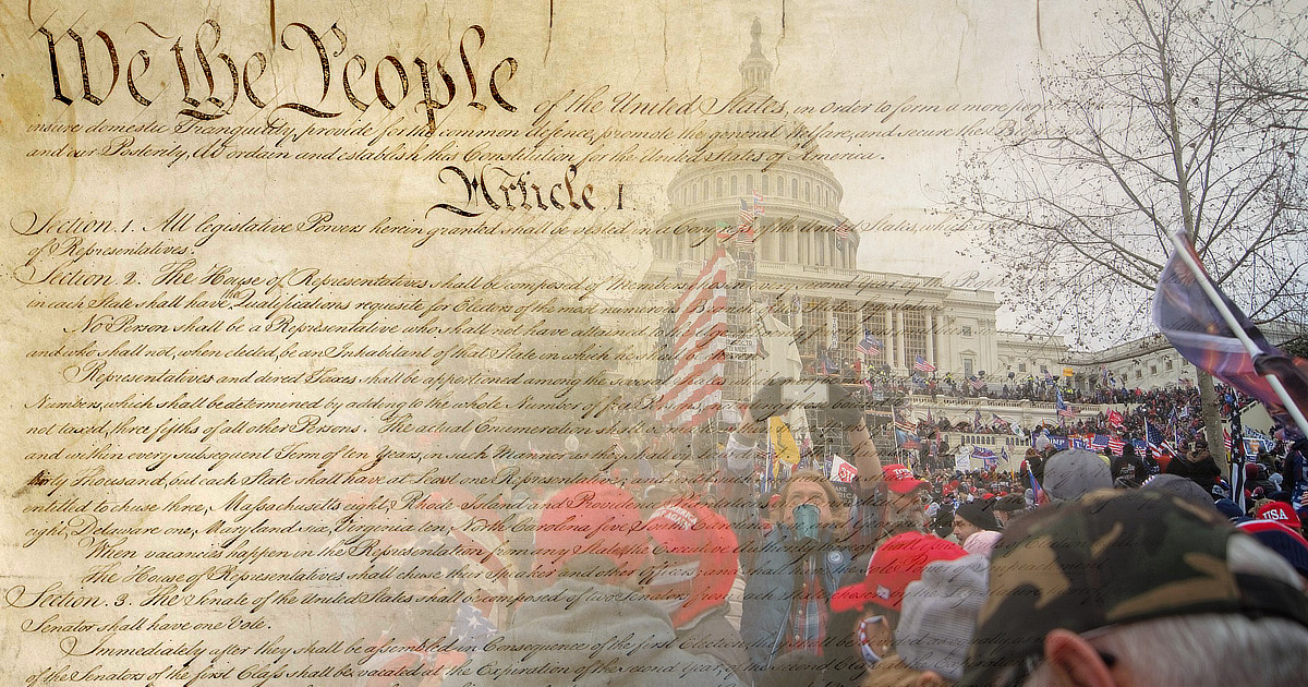 The United States constitution, with a photo of unrest in the capitol overlaid